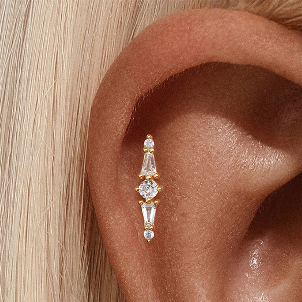 S925 Sterling Silver Gold Plated Round & Baguette CZ Linear Flat Back Cartilage Earring