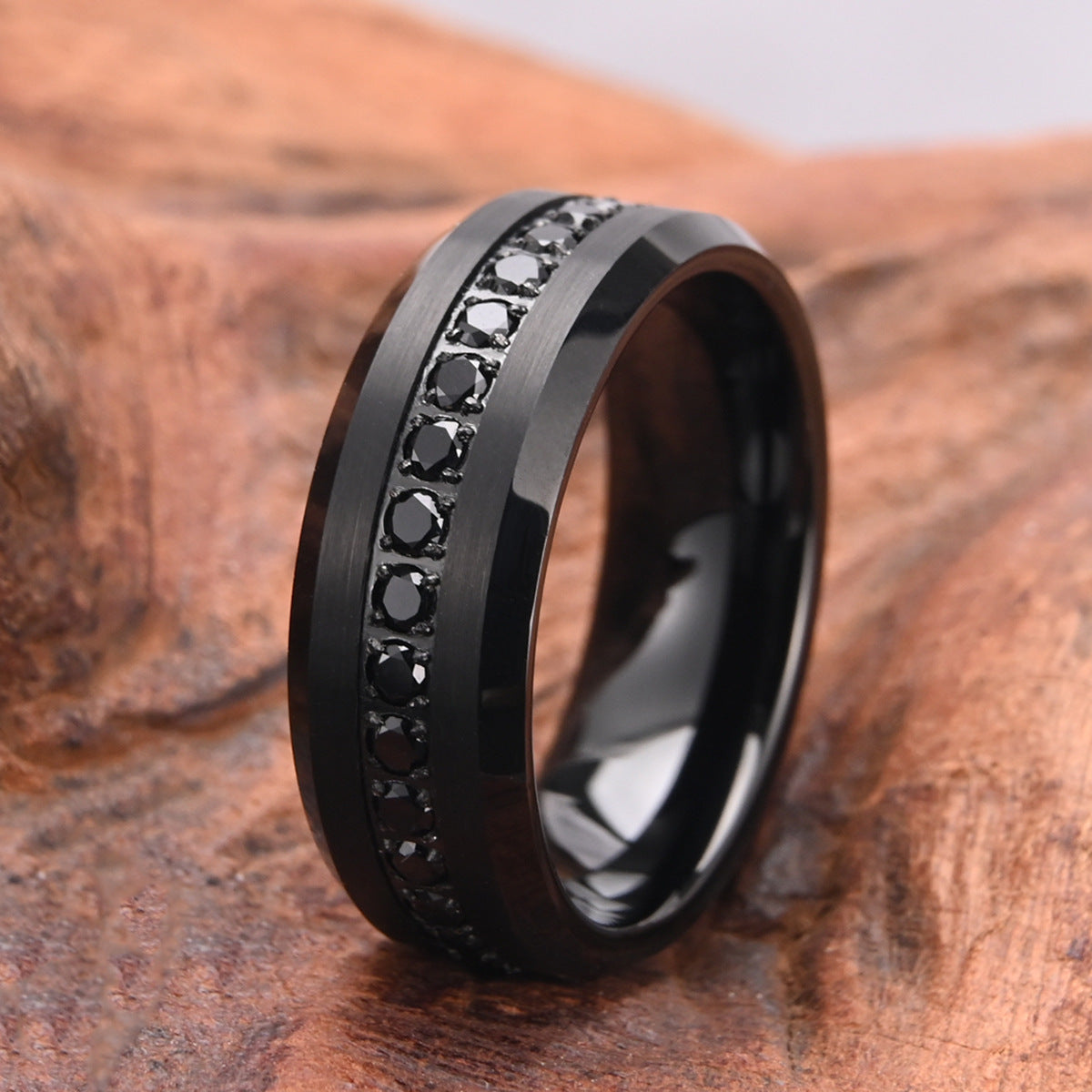 8mm tungsten men's wedding band steel hammered black ring electric black combination inlaid with black zircon