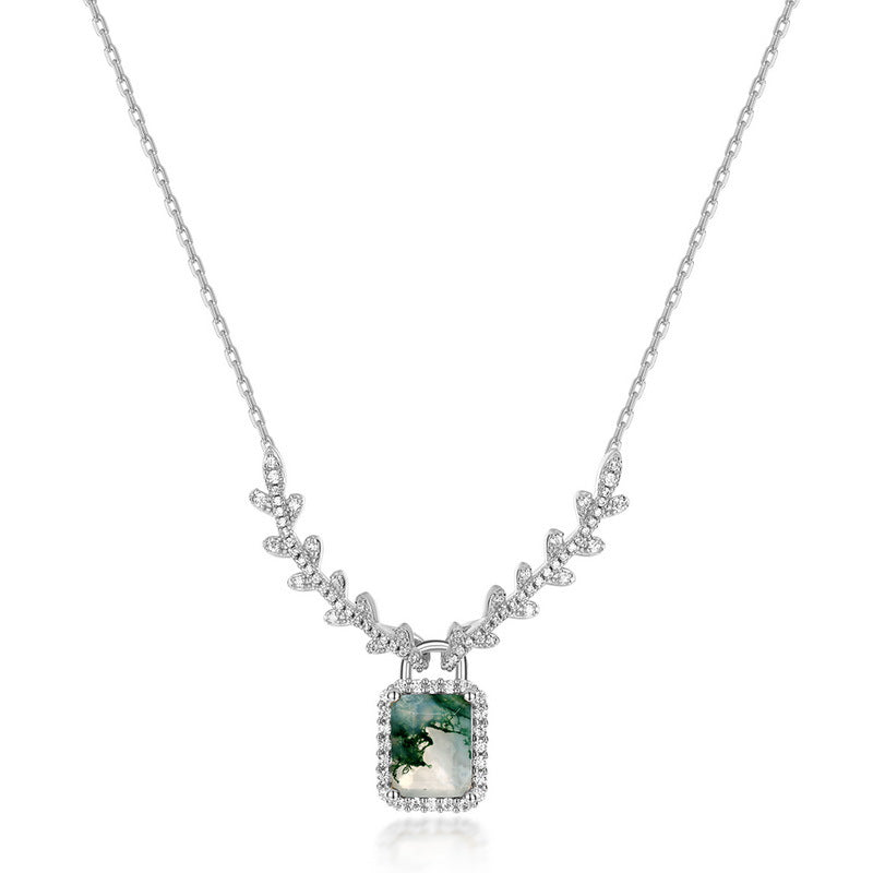 Emerald Cut Moss Agate Halo Pendant & Vine Necklace For Girlfriend - "Forest Locket"