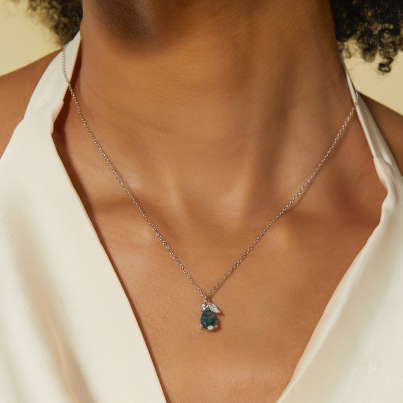 Women Green Moss Agate Crystal Necklace In Silver "Secret Garden"