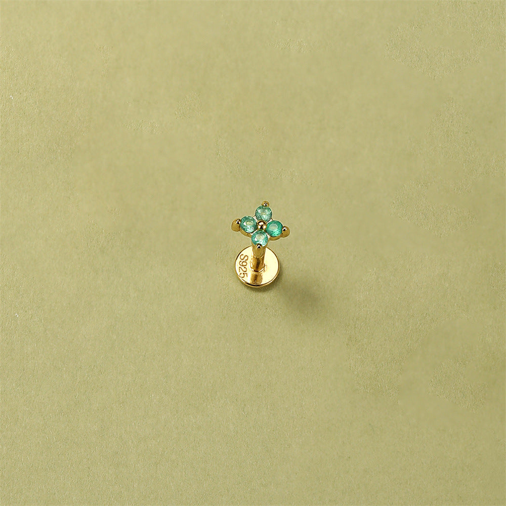 S925 Sterling Silver Gold Plated Four-Petal Green Zircon Flower Flat Back Cartilage Earring