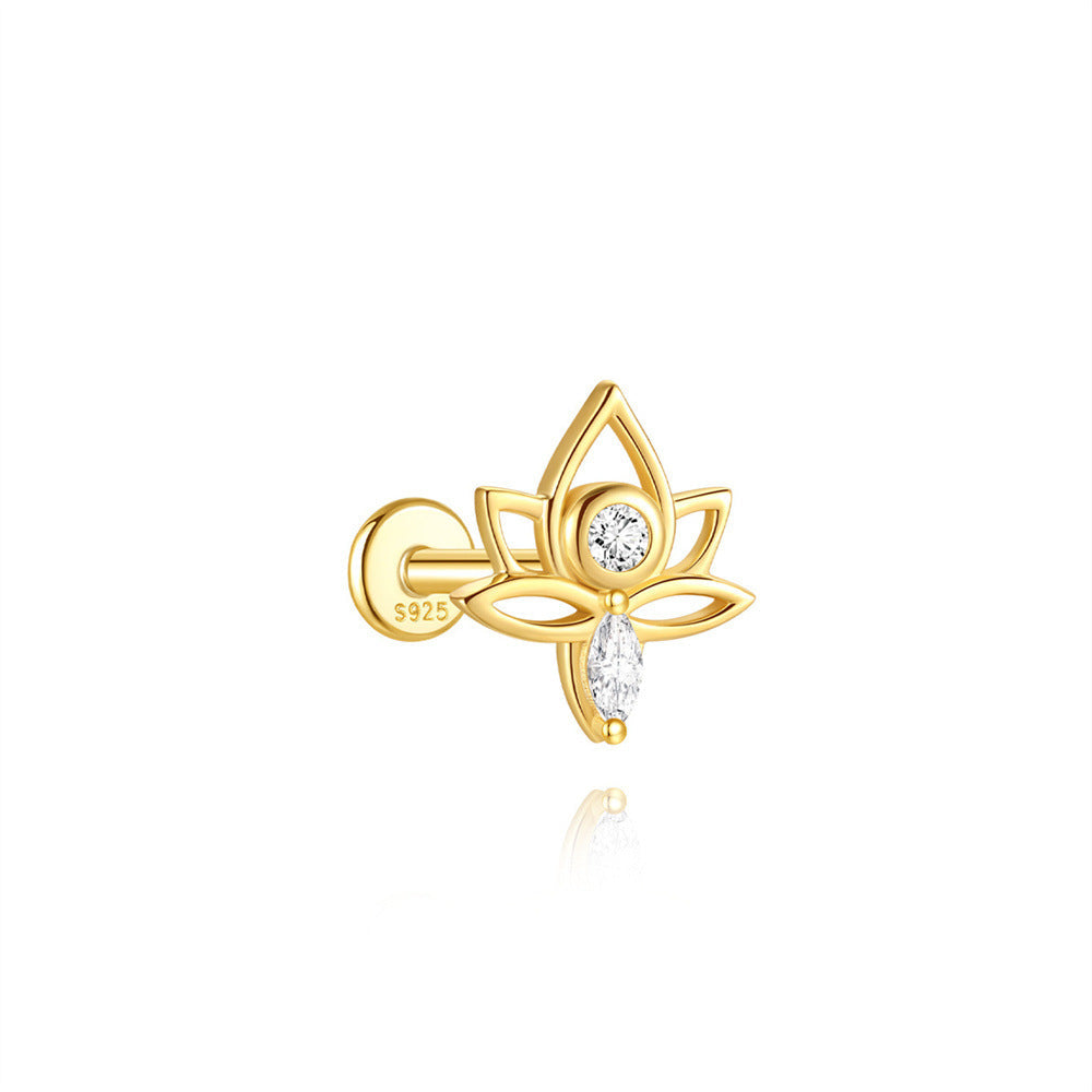 S925 Sterling Silver Gold Plated Lotus Flower CZ Flat Back Cartilage Earring