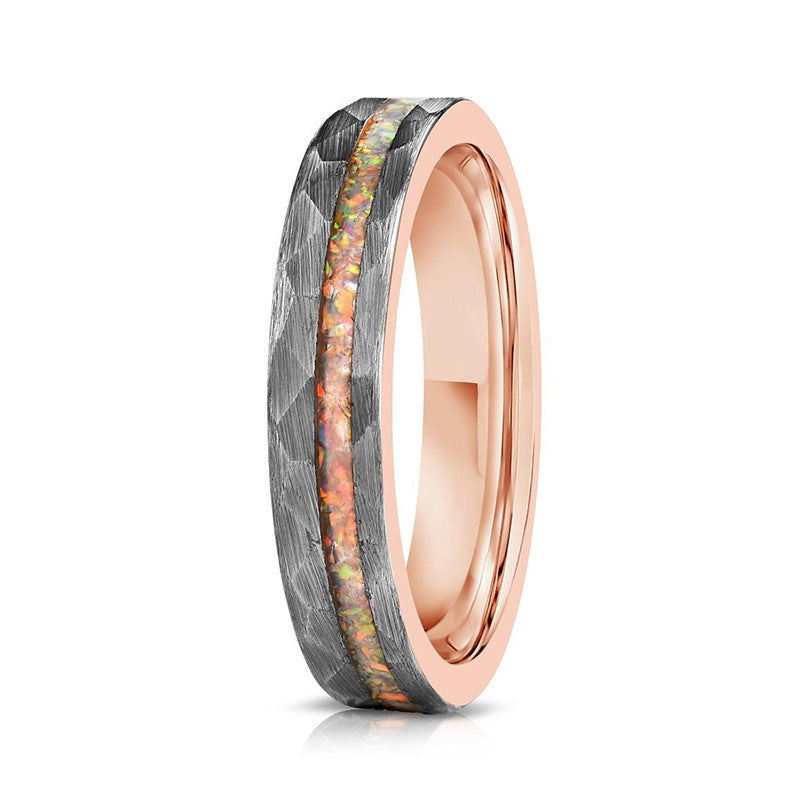 6mm Men's wedding band Tungsten Steel Hammered Electric Rose Ring Inlaid with Orbo Tungsten Gold