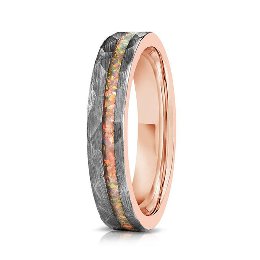 6mm Men's wedding band Tungsten Steel Hammered Electric Rose Ring Inlaid with Orbo Tungsten Gold