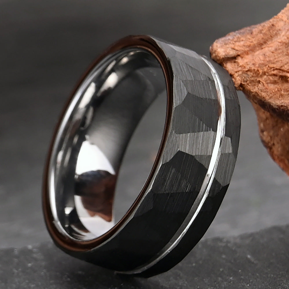 8mm Black Tungsten Ring for Men - Hammered Flat Texture & Black Electroplated Minimalist Wedding Band