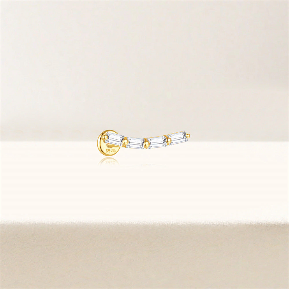 S925 Sterling Silver Gold Plated Curved Baguette CZ Line Flat Back Cartilage Earring