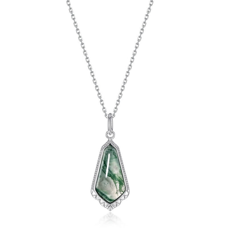 Coffin Cut Moss Agate Vintage Scalloped Necklace For Girlfriend - "Verdant Casket"