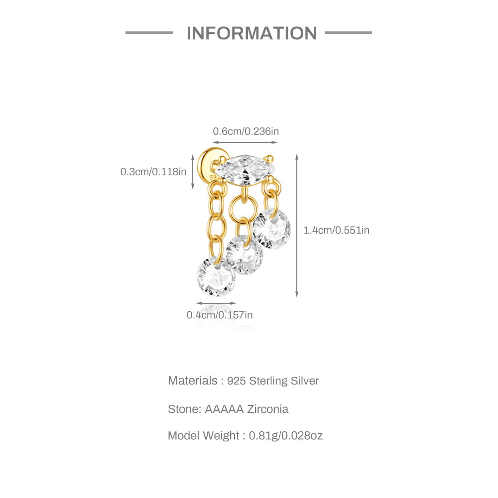 S925 Sterling Silver Gold Plated Marquise & Round CZ Chain Fringe Flat Back Cartilage Earring