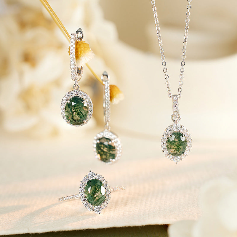 Pear Cut Moss Agate Halo Pendant- 'Verna'