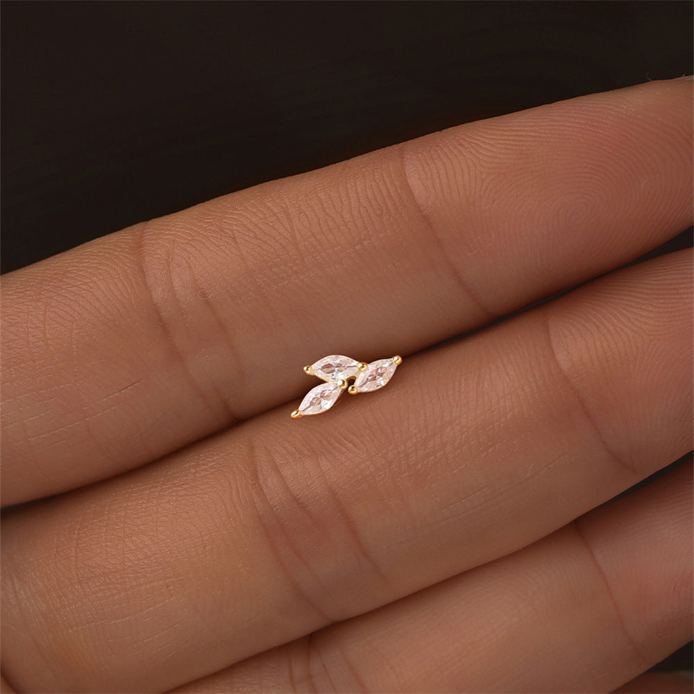 S925 Sterling Silver Gold Plated Three Marquise CZ Leaf Flat Back Cartilage Earring