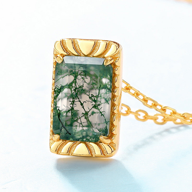 Emerald Cut Moss Agate Vintage Necklace - Lenora