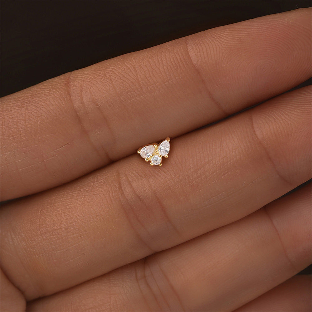S925 Sterling Silver Gold Plated Three Pear CZ Cluster Flat Back Cartilage Earring