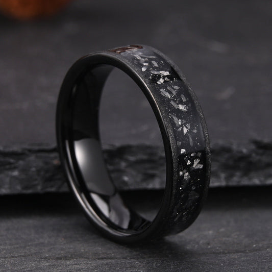 6mm men's wedding band Couple Ring Tungsten Steel Inlaid Meteorite Slice Black Sandblasted