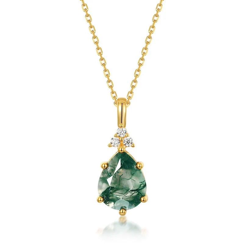 Zinnia-Pear Cut Moss Agate Classic Necklace