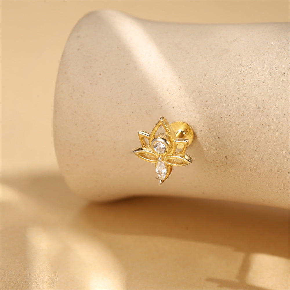 S925 Sterling Silver Gold Plated Lotus Flower CZ Flat Back Cartilage Earring