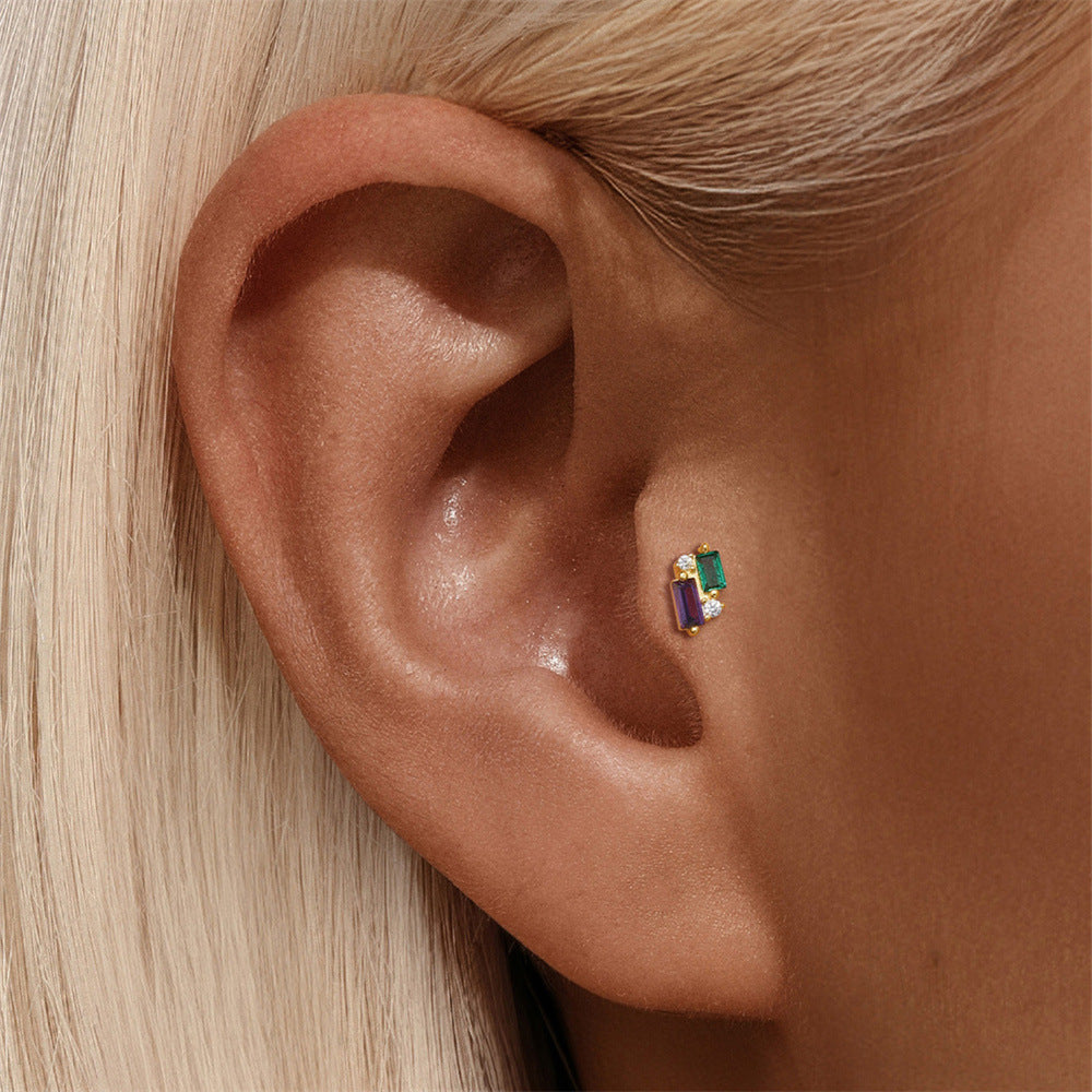 S925 Sterling Silver Gold Plated Multicolor Baguette & Round CZ Flat Back Cartilage Earring