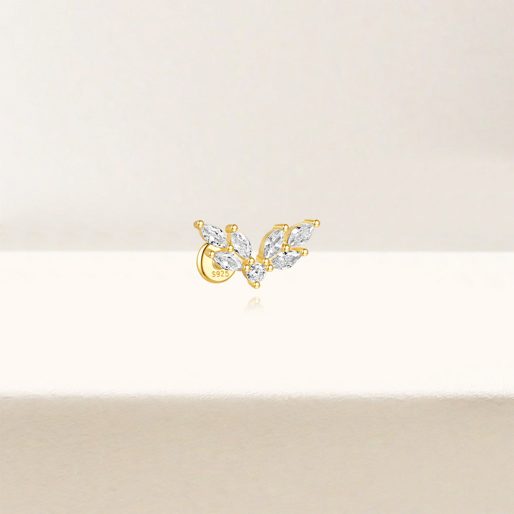 S925 Sterling Silver Gold Plated Butterfly Marquise CZ Flat Back Cartilage Earring