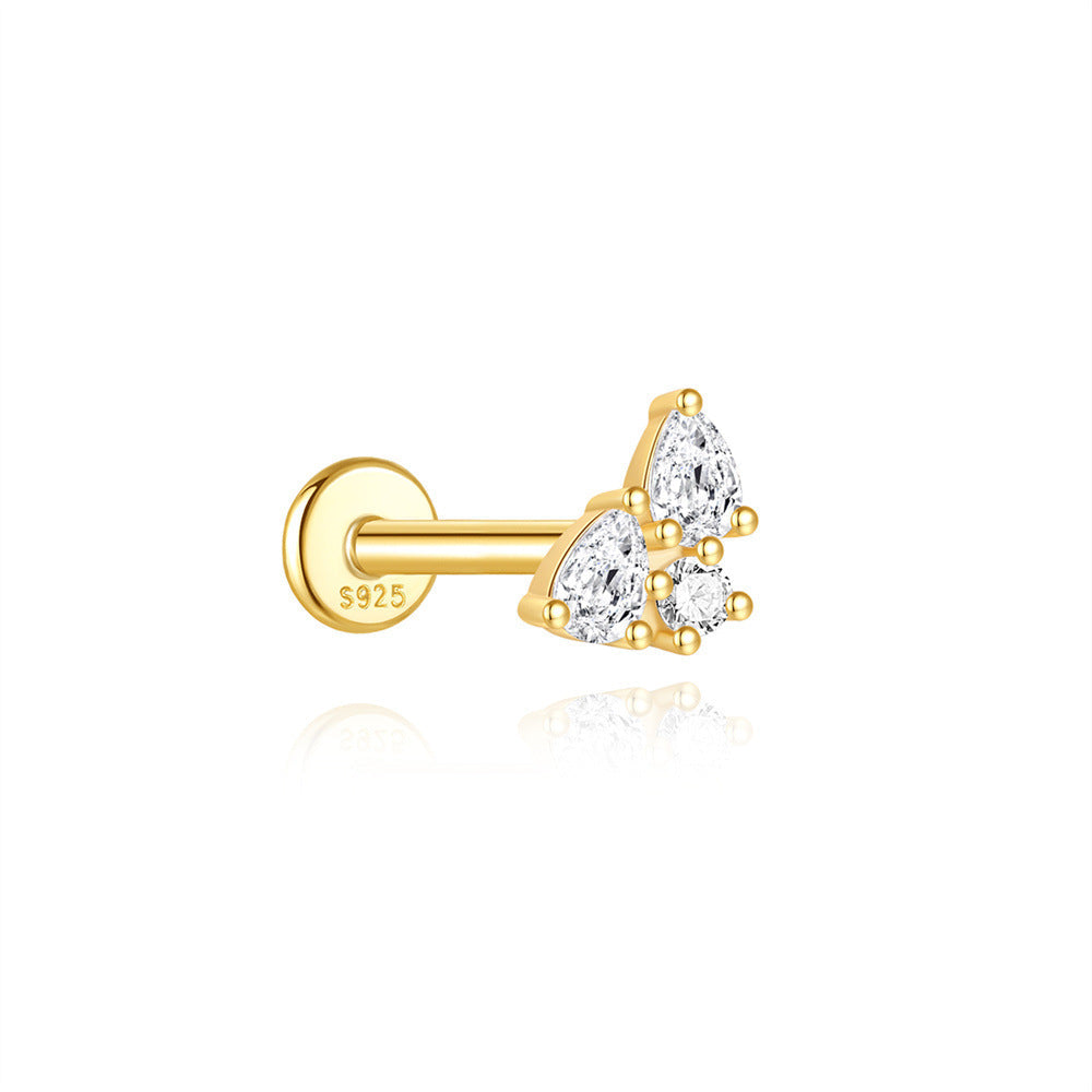 S925 Sterling Silver Gold Plated Three Pear CZ Cluster Flat Back Cartilage Earring