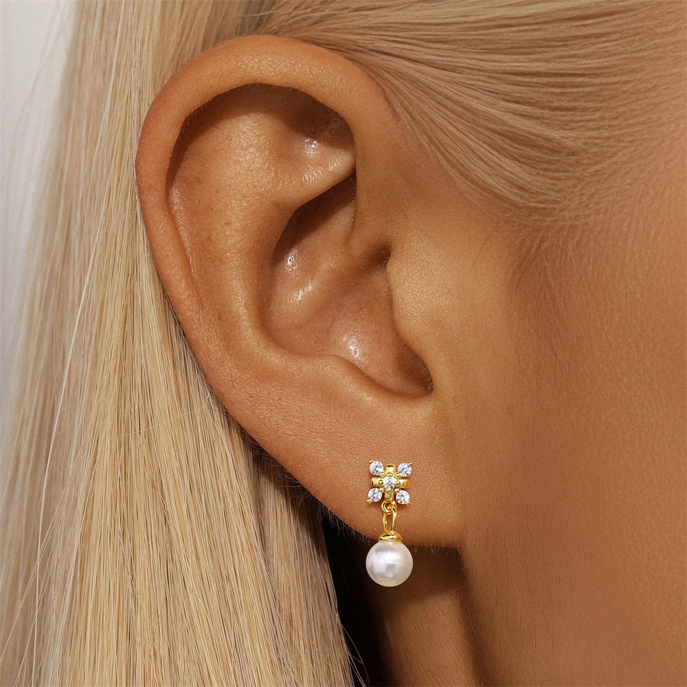 S925 Sterling Silver Gold Plated Flower CZ with Pearl Drop Flat Back Cartilage Earring