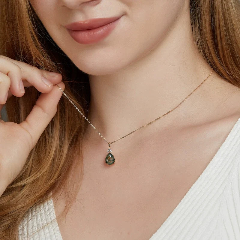 Zinnia-Pear Cut Moss Agate Classic Necklace