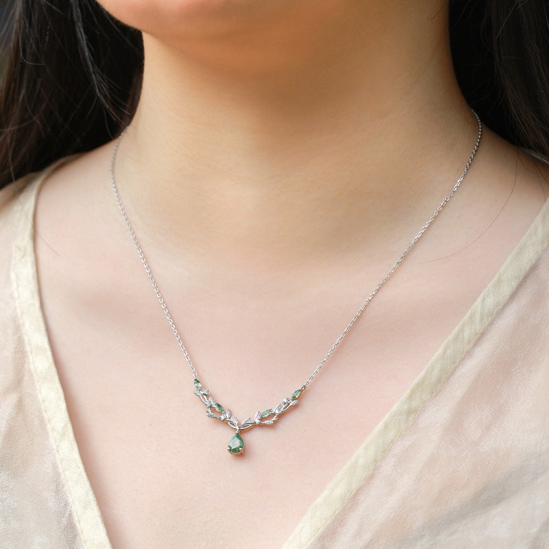 Olive Leaf Branch Green Moss Agate Collarbone Necklace Pear Cut Birthday Gift "Olivae"