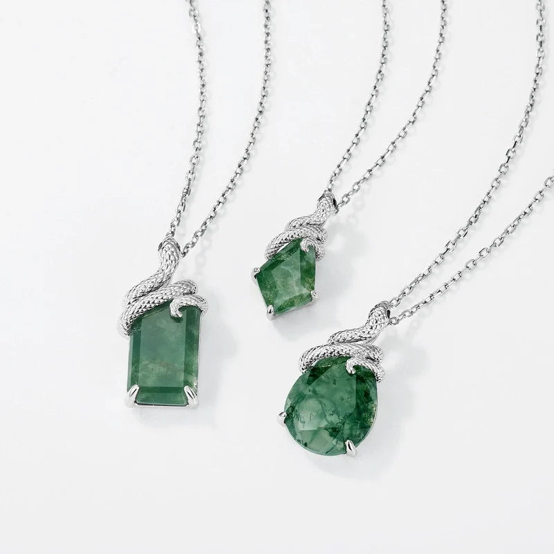 Emerald Cut Moss Agate Mystical Serpent Carved Nature Pendant Necklace - "Cloak"