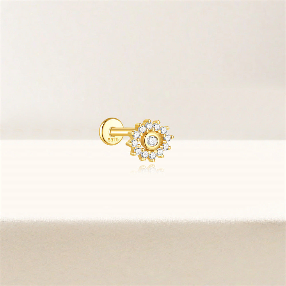 S925 Sterling Silver Gold Plated Sunflower Round CZ Flat Back Cartilage Earring