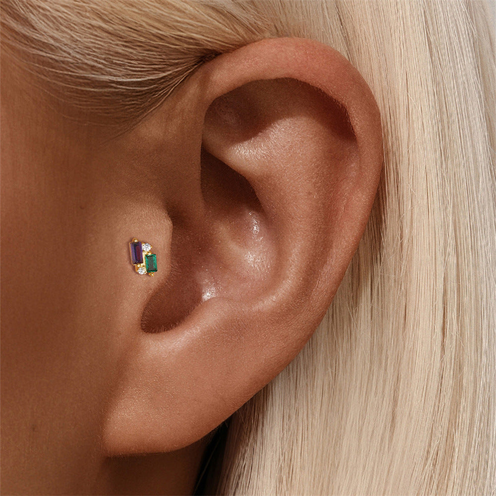 S925 Sterling Silver Gold Plated Multicolor Baguette & Round CZ Flat Back Cartilage Earring