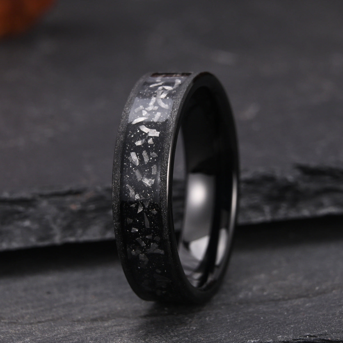 6mm men's wedding band Couple Ring Tungsten Steel Inlaid Meteorite Slice Black Sandblasted
