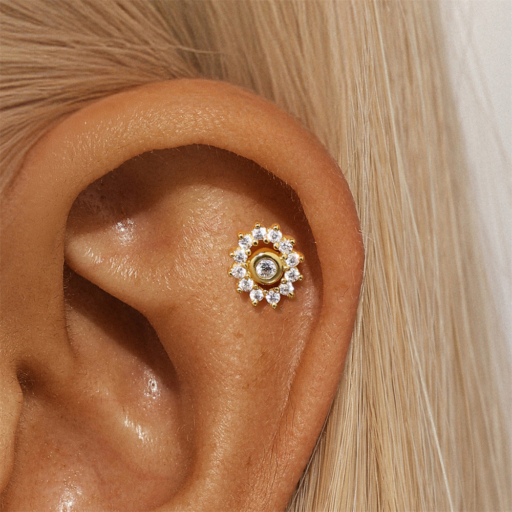 S925 Sterling Silver Gold Plated Sunflower Round CZ Flat Back Cartilage Earring