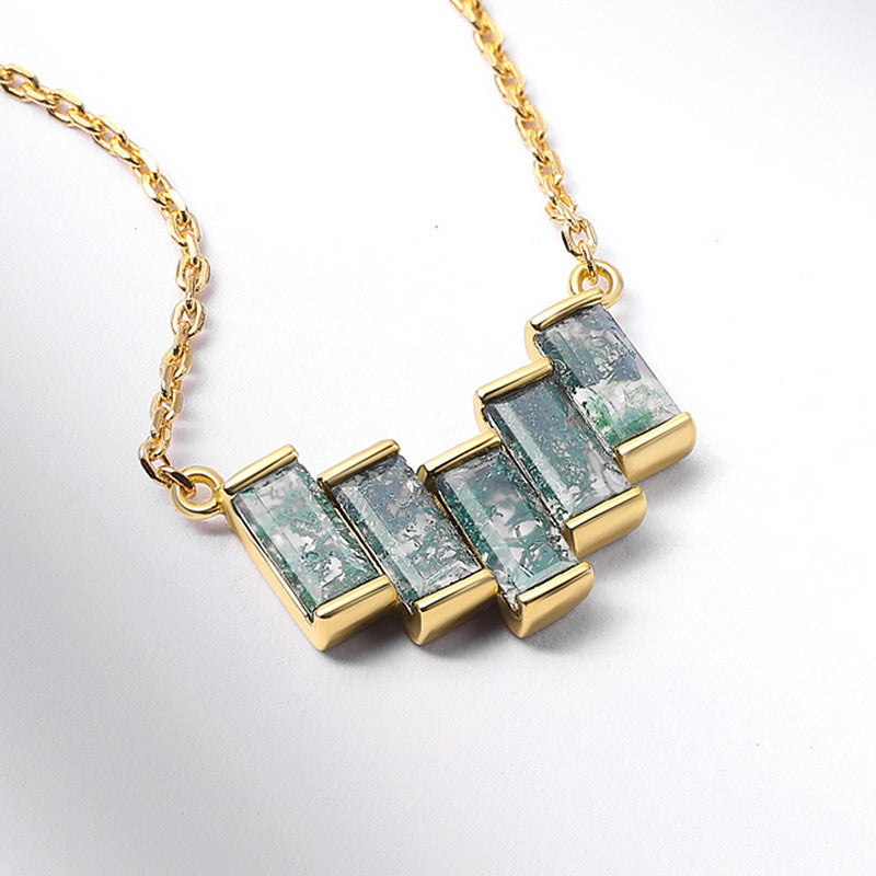 Baguette Cut Moss Agate Classic Pendant - 'Verna'