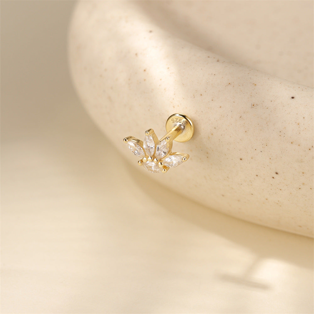 S925 Sterling Silver Gold Plated Marquise CZ Lotus Crown Flat Back Cartilage Earring