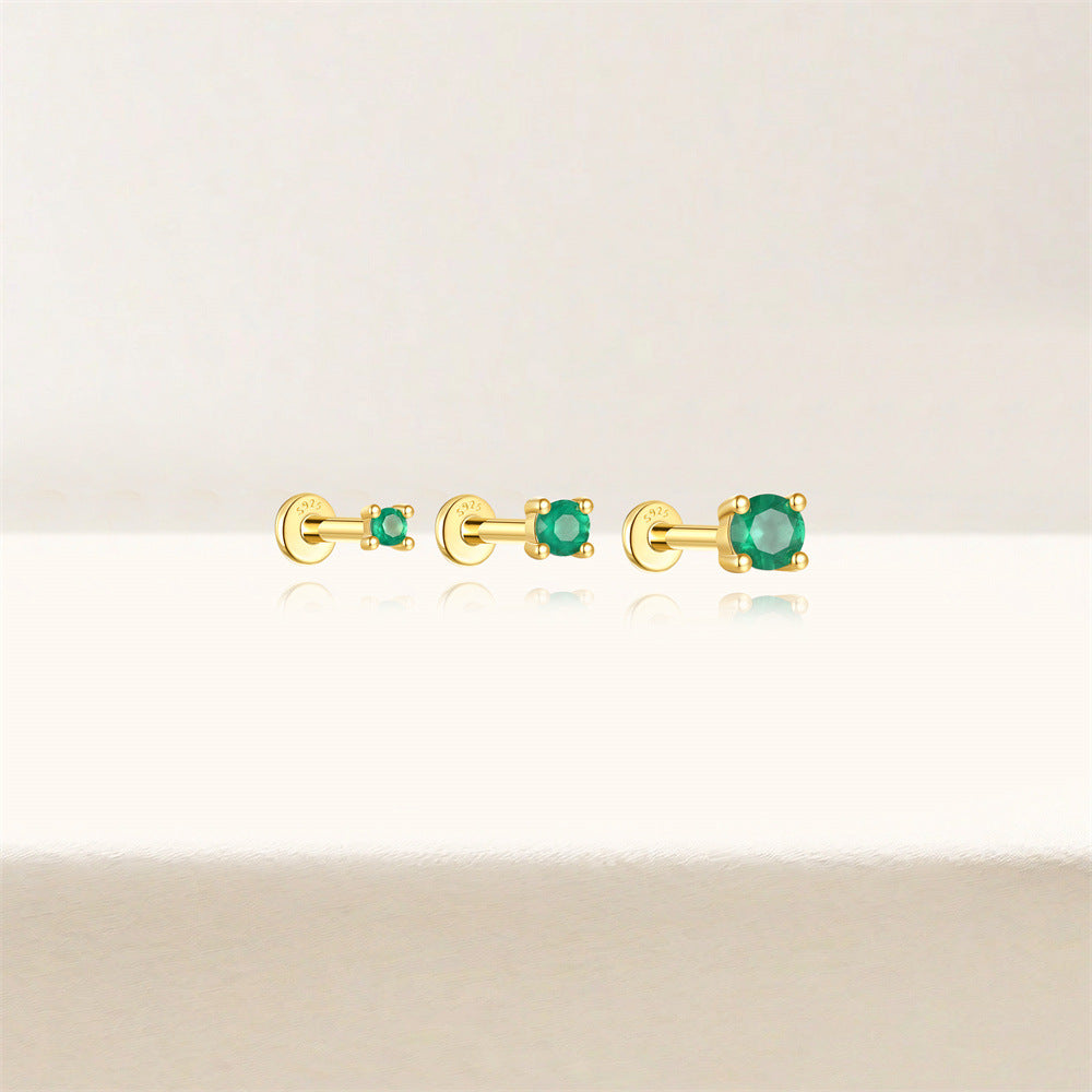 S925 Sterling Silver Gold Plated Round Green Zircon Four-Prong Flat Back Cartilage Earring