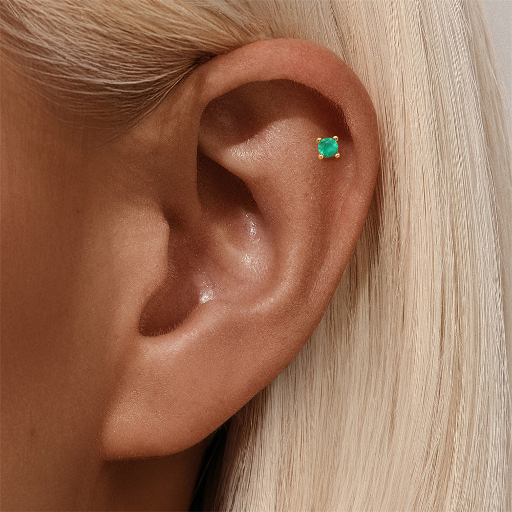 S925 Sterling Silver Gold Plated Round Green Zircon Four-Prong Flat Back Cartilage Earring