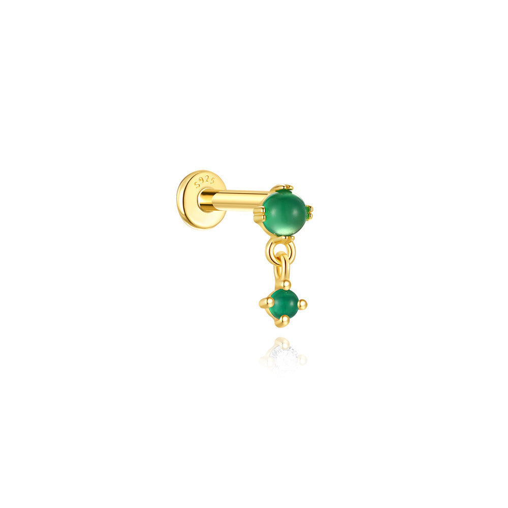 S925 Sterling Silver Gold Plated Green Zircon Drop Flat Back Cartilage Earring