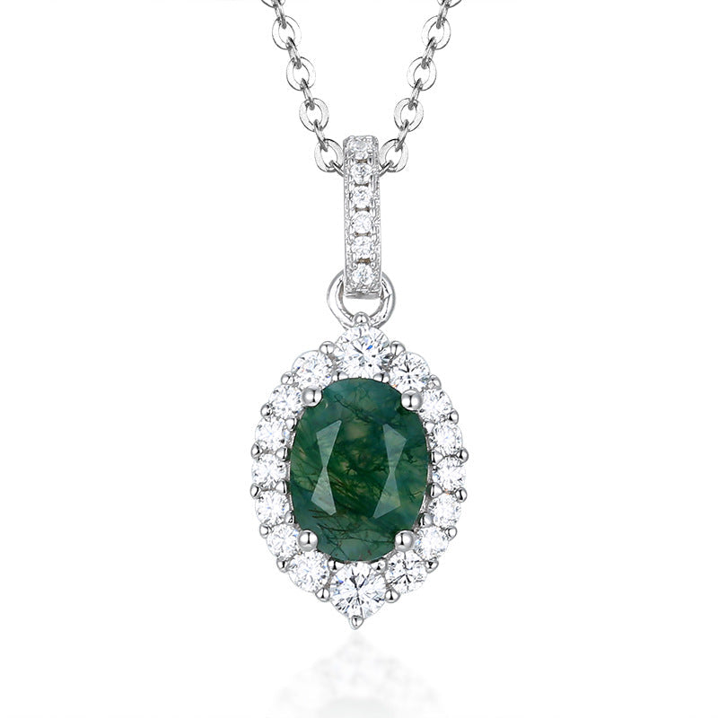 Pear Cut Moss Agate Halo Pendant- 'Verna'