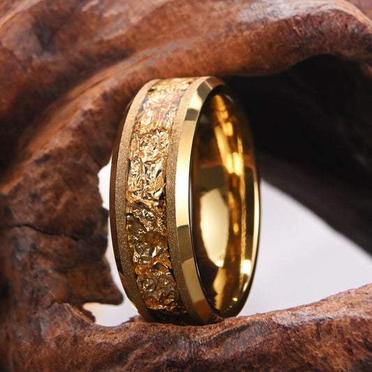 8mm tungsten steel sandblasted yellow gold inlaid with gold foil men's ring