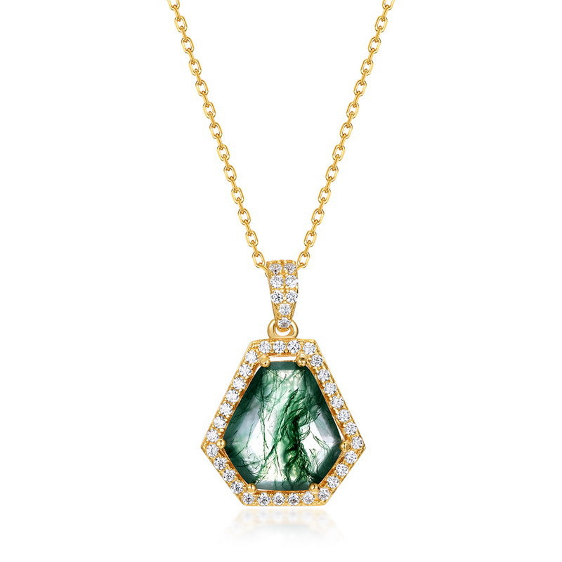 Unique Coffin Cut Moss Agate Halo Necklace - Arden