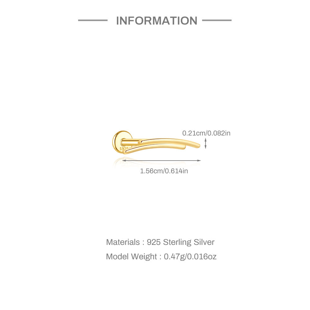 S925 Sterling Silver Gold Plated Double Curved Bar Flat Back Cartilage Earring