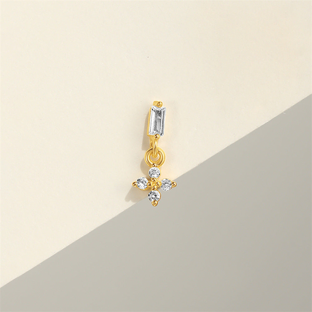 S925 Sterling Silver Gold Plated Baguette CZ Cross Charm Flat Back Cartilage Earring