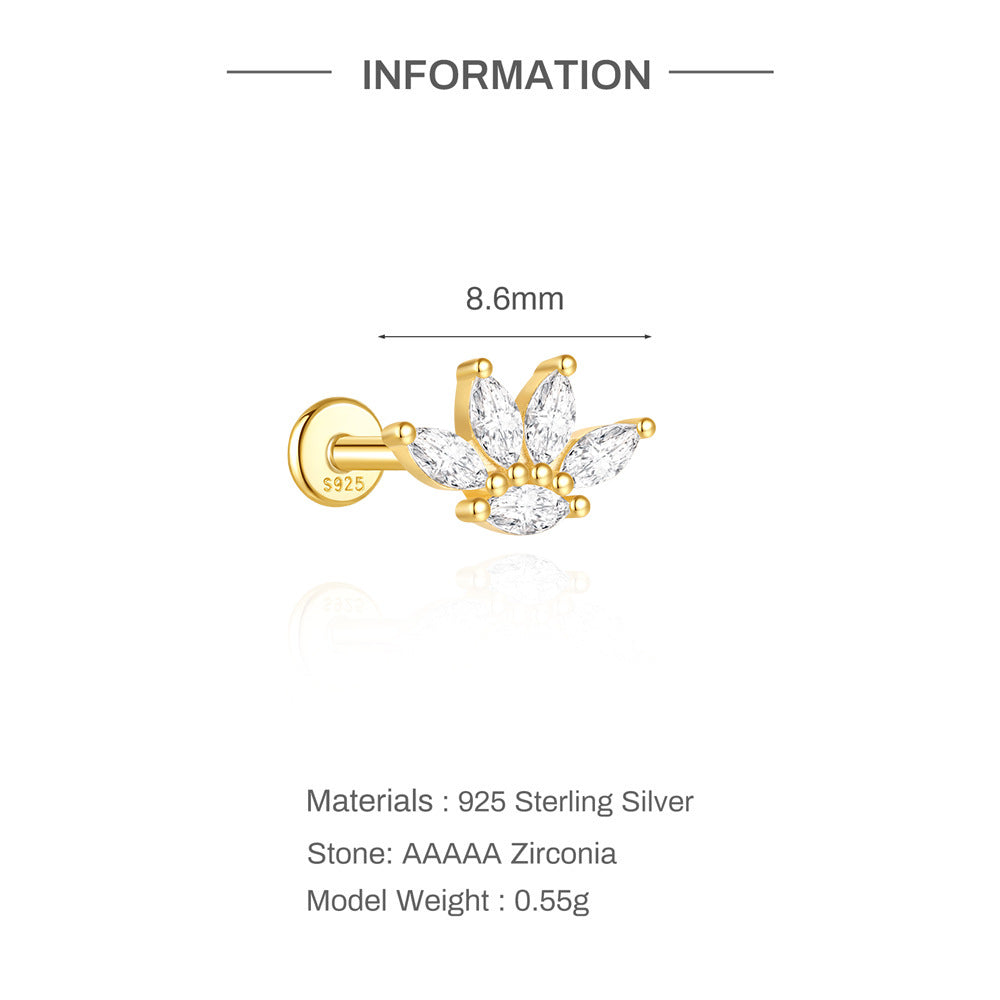 S925 Sterling Silver Gold Plated Marquise CZ Lotus Crown Flat Back Cartilage Earring