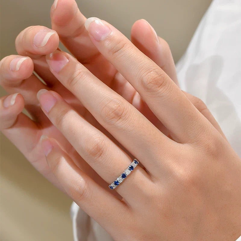 Blue Sapphire & White Alternating Half Eternity Sterling Silver Wedding Band