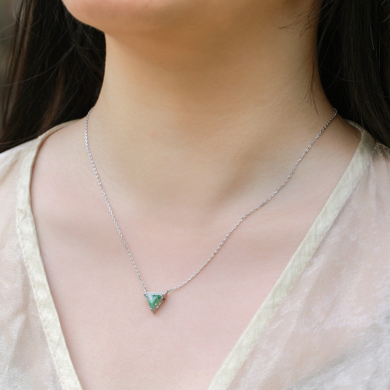 Triangle Cut Moss Agate Sparkle Accent Necklace For Girlfriend - "Mystic Pyramid"