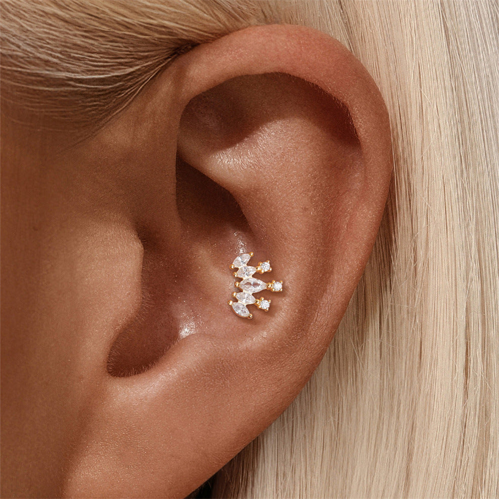 S925 Sterling Silver Gold Plated Marquise & Round CZ Crown Flat Back Cartilage Earring