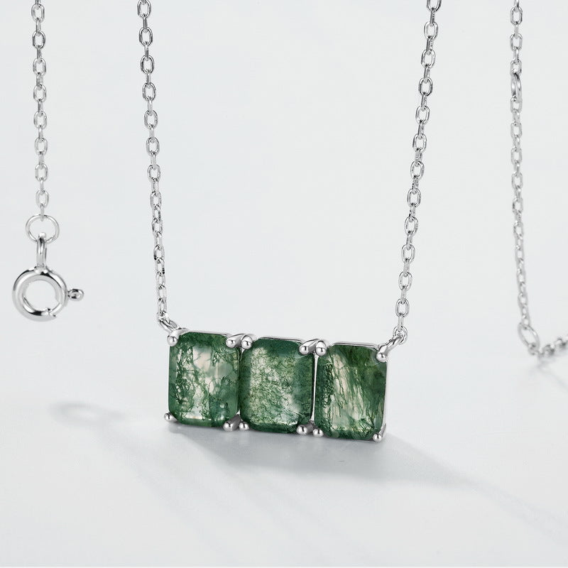 Emerald Cut Moss Agate Triple Stone Minimalist Necklace For Girlfriend - "Verdant Veil"