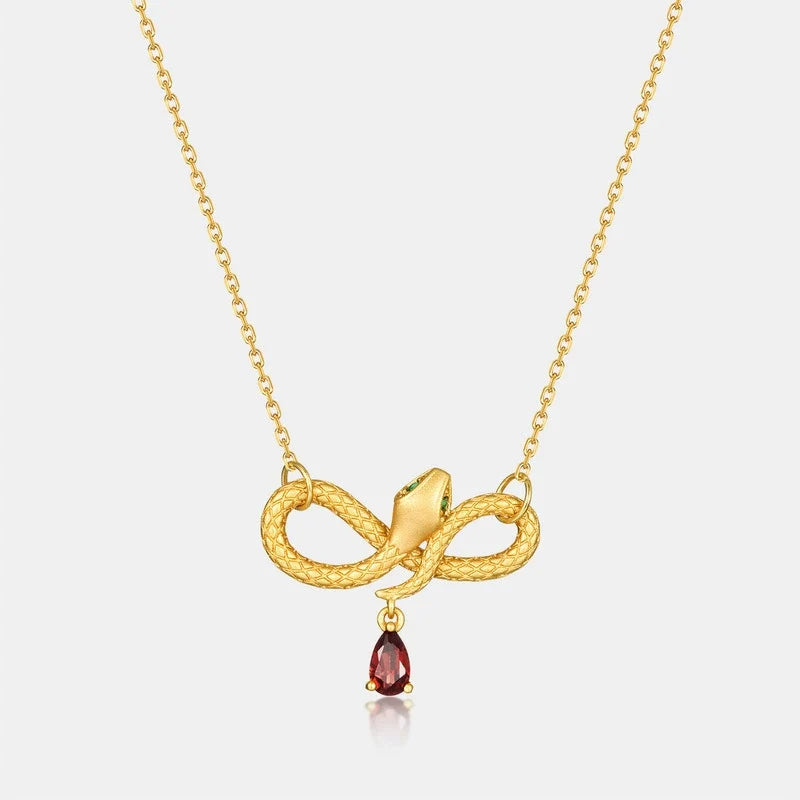 Pear Cut Garnet Mystical Serpent Carved Unique Necklace