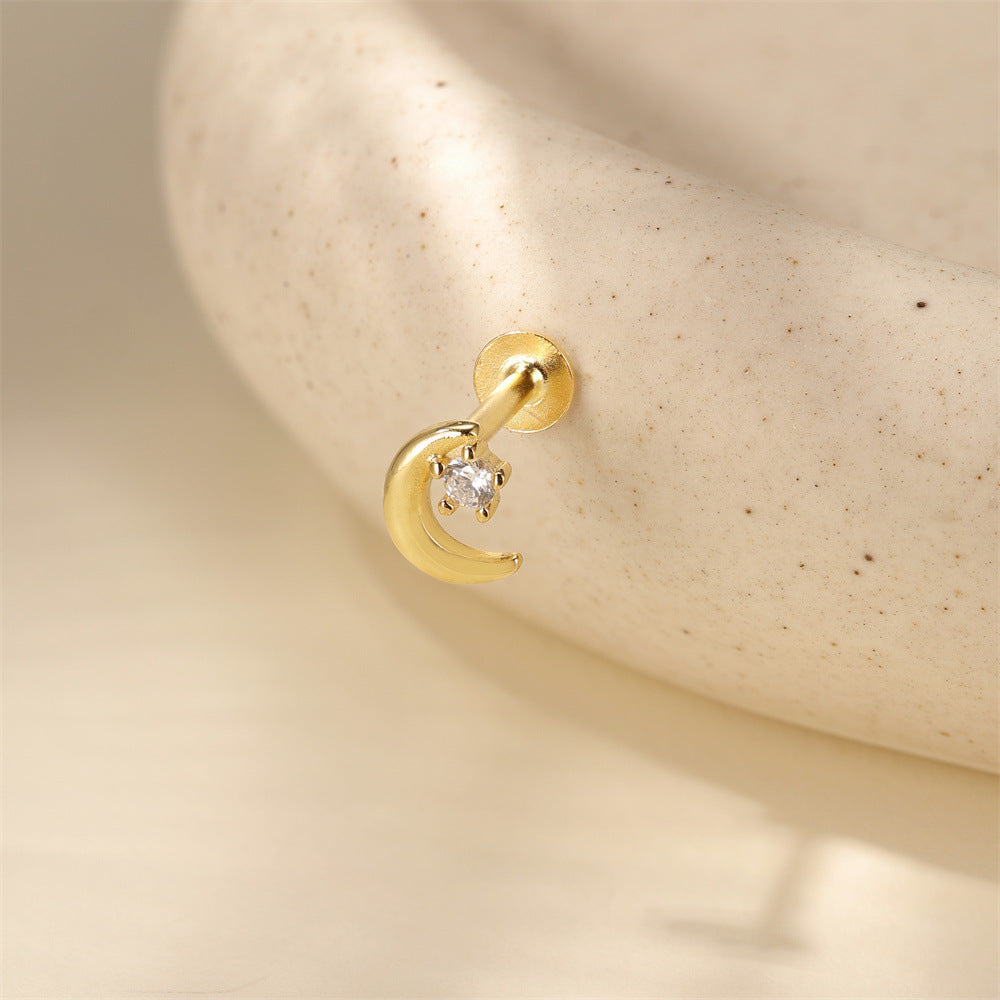 S925 Sterling Silver Gold Plated Moon with Round CZ Flat Back Cartilage Earring