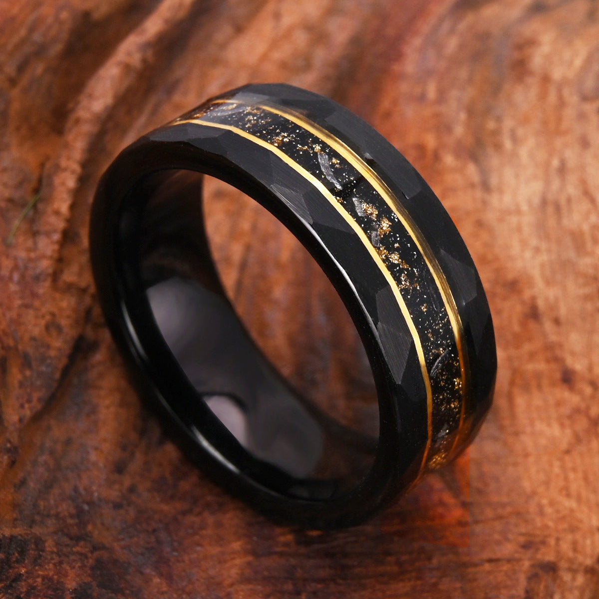 8mm men's wedding band Electric black tungsten steel with crushed foil meteorite opal