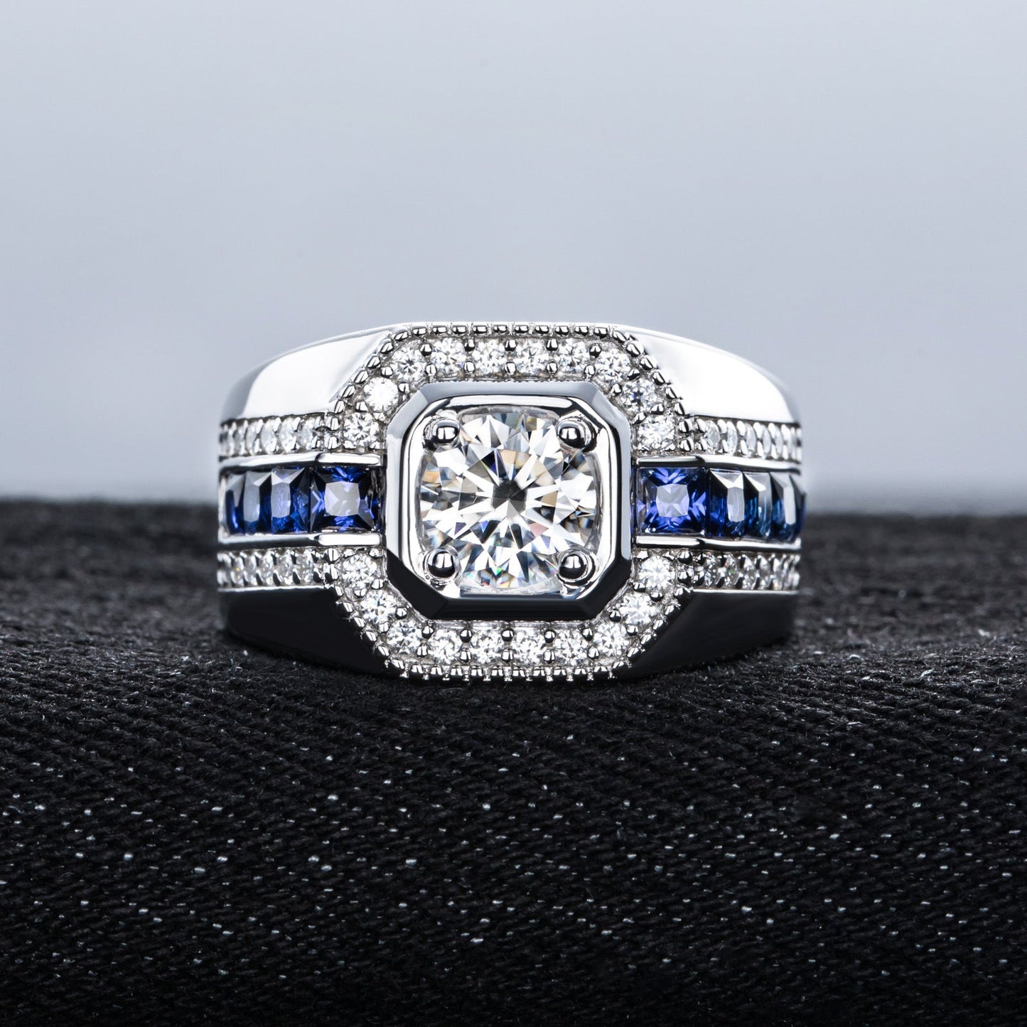Men's Moissanite Round Cut Sterling Silver Engagement Ring