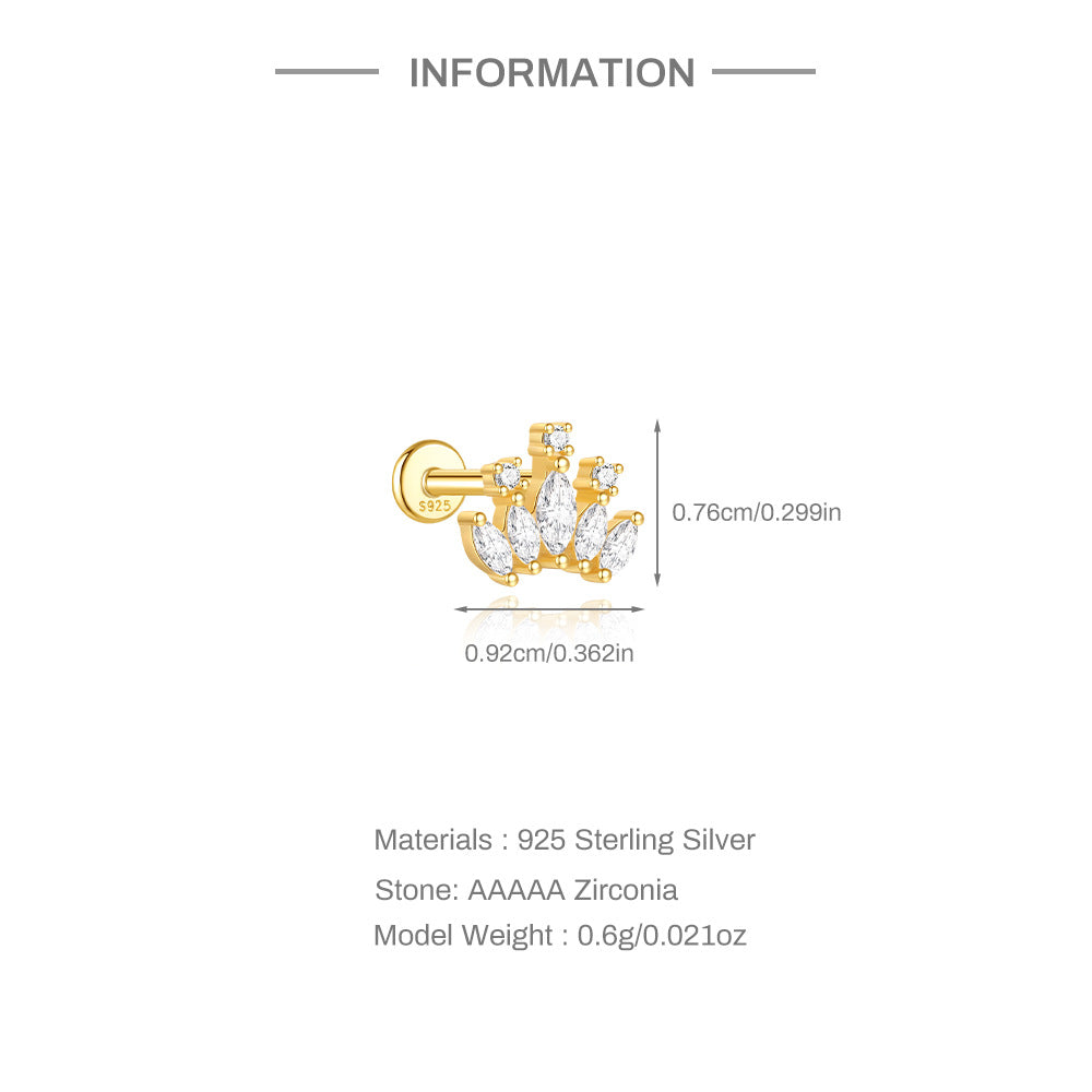 S925 Sterling Silver Gold Plated Marquise & Round CZ Crown Flat Back Cartilage Earring